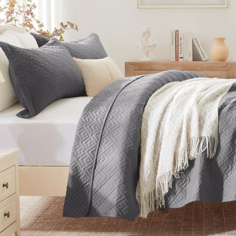 EXQ Home Quilt Set Full Queen Size Grey 3 Piece,Lightweight Soft Coverlet Squares Pattern Bedspread Set for All Season(1 Quilt,2 Pillow Shams) - Image 2